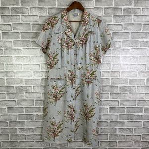 Vintage Lanz of Salzburg Linen A-Line Shirt Dress Grandma Floral Womens Size 12